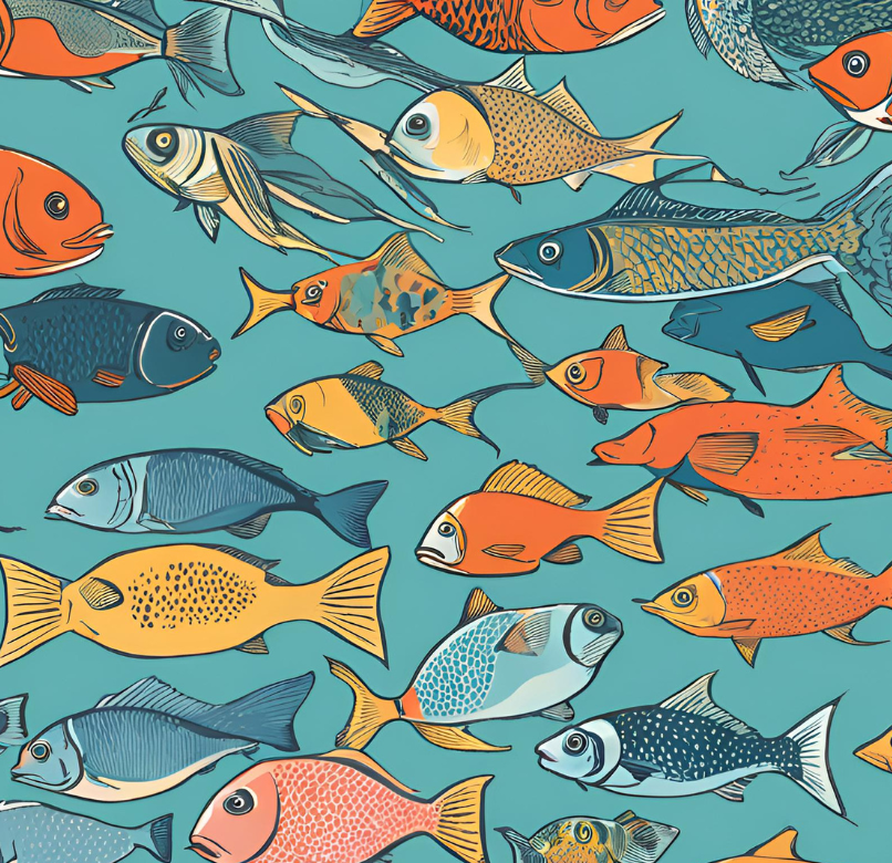 alt = "a cartoon depicting a school of fishes."